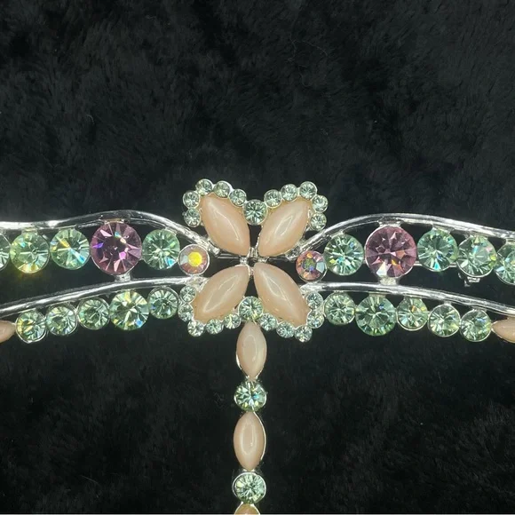 NWT GIVENCHY Dragonfly Pin Brooch Peach Moonstone Silver Tone Green Pink Crystal - Picture 3 of 9
